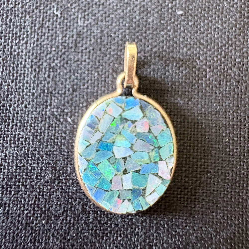 Gold Oval Mosaic Opal Pendant - Blue Green Pink GORGEOUS